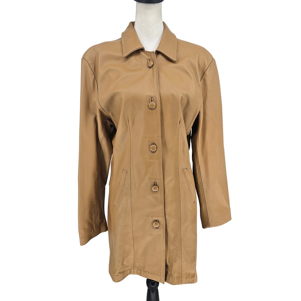 Vintage Calf Leather Mid-Length Jacket XL Camel Button Front Car Coat Neutral